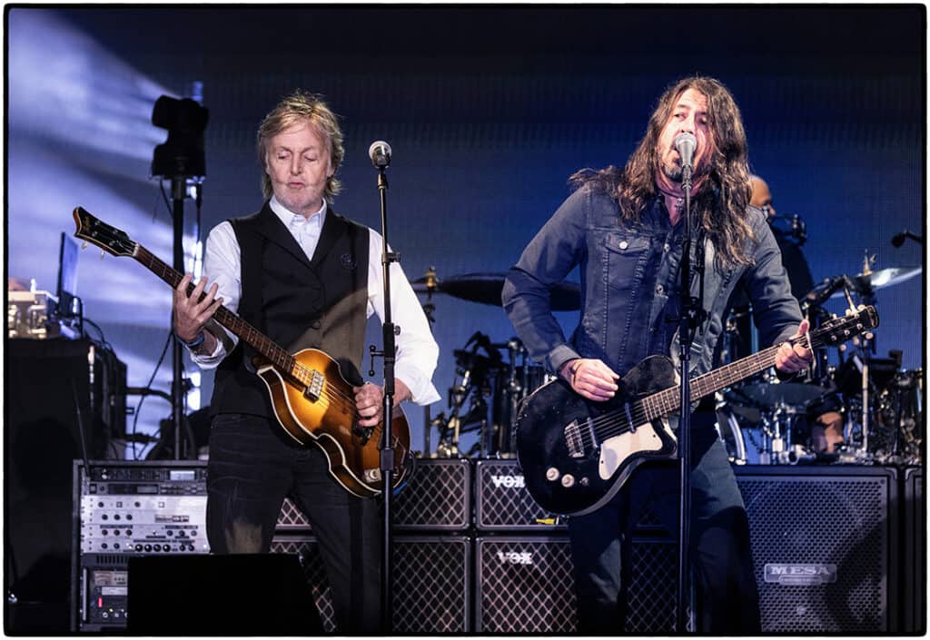 Paul McCartney and Dave Grohl perfoming together on stage at Glastonbury.