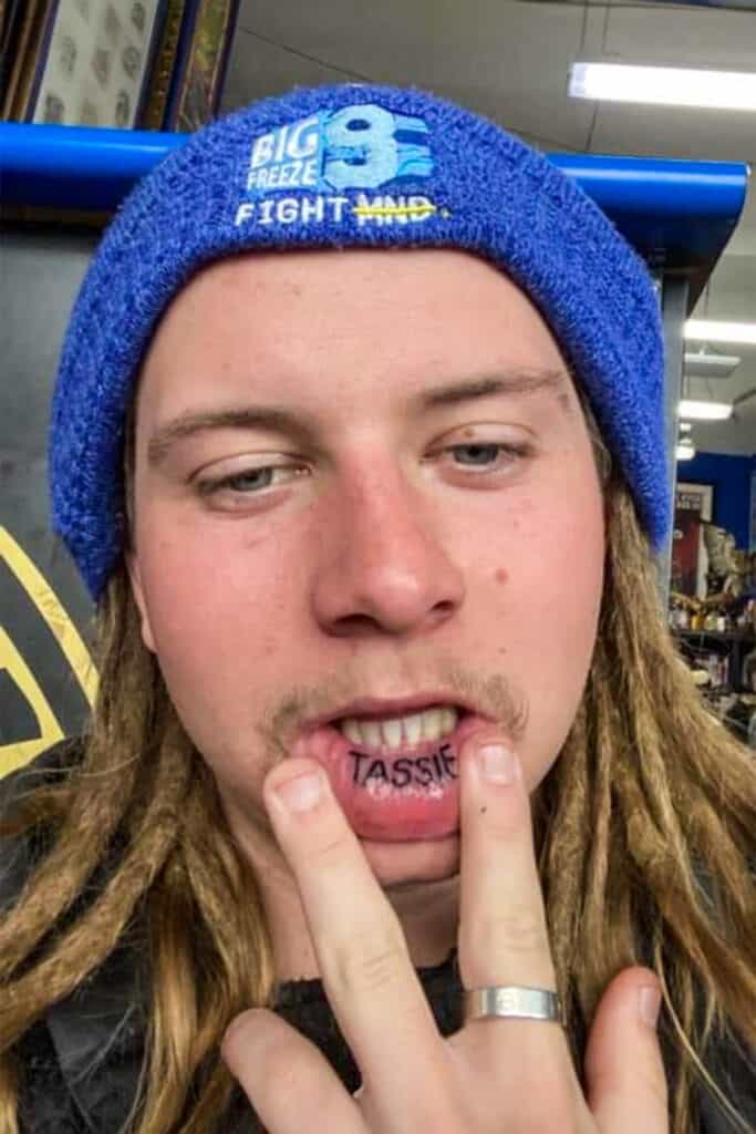 'Tassie' Lip Tattoos. Luca Brasi fans decided that the best way to cement their allegiance to the Tasmanian band was to ink 'TASSIE' on their inner lower lip. (Images supplied by Luca Brasi)