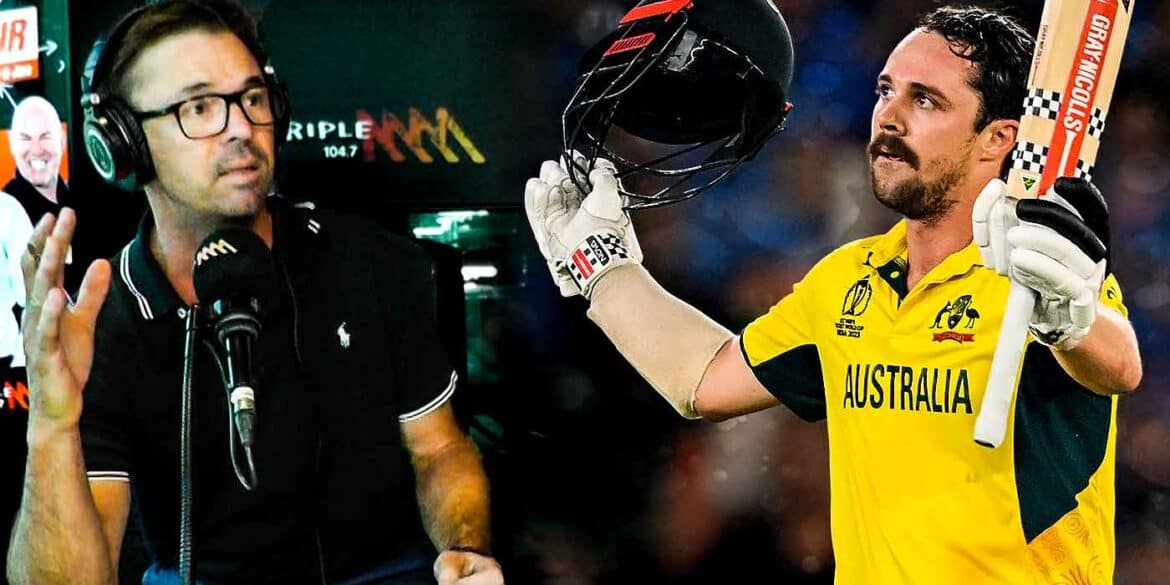 Greg Blewett in the Triple M studios and Travis Head celebrating his World Cup final century. Digitally altered image